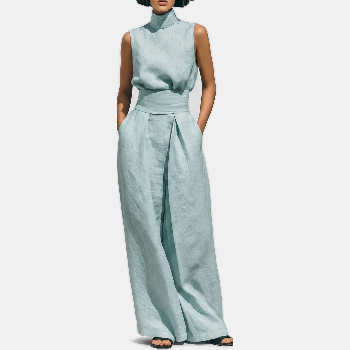 Women's Sleeveless Turtleneck Linen Wide Leg Trouser Co-ord Set
