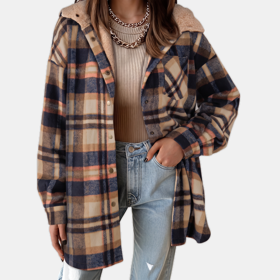 Women's Flannel Hooded Plaid Shacket Fleece Lined Coat