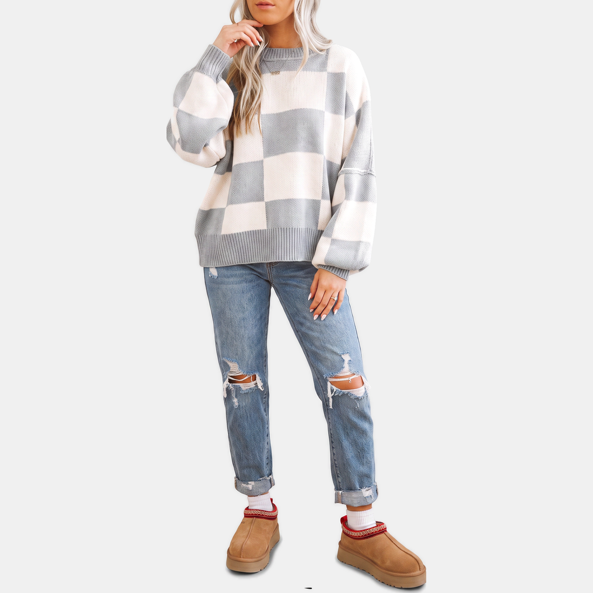 Women's Oversized Balloon Sleeve Checkered Knit Sweater