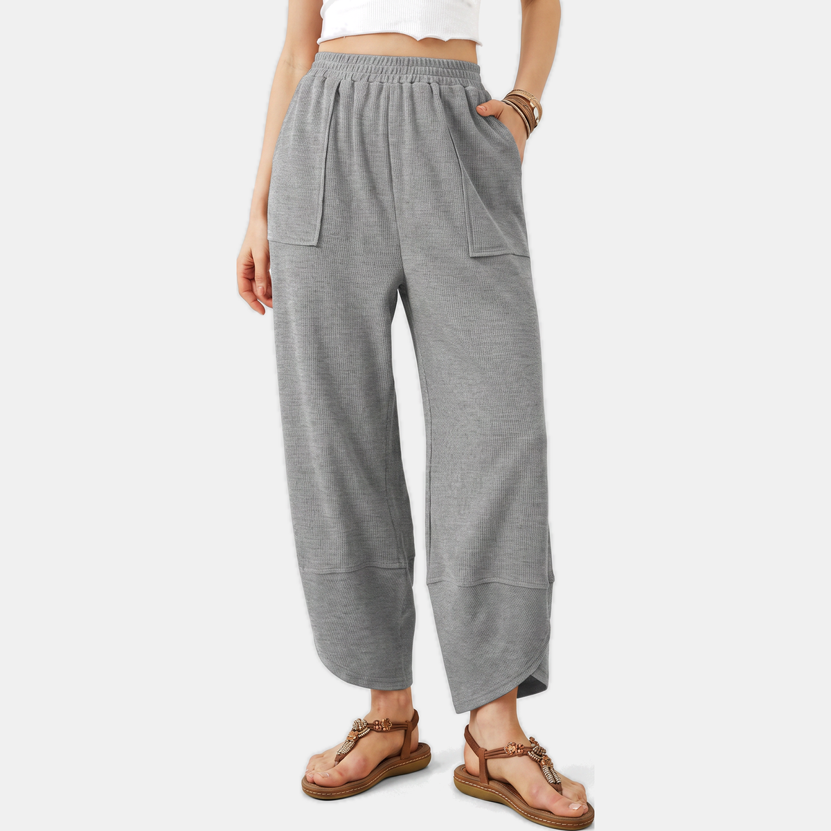 Women's Wide Leg Ribbed Knit Cropped Trousers with Patch Pockets