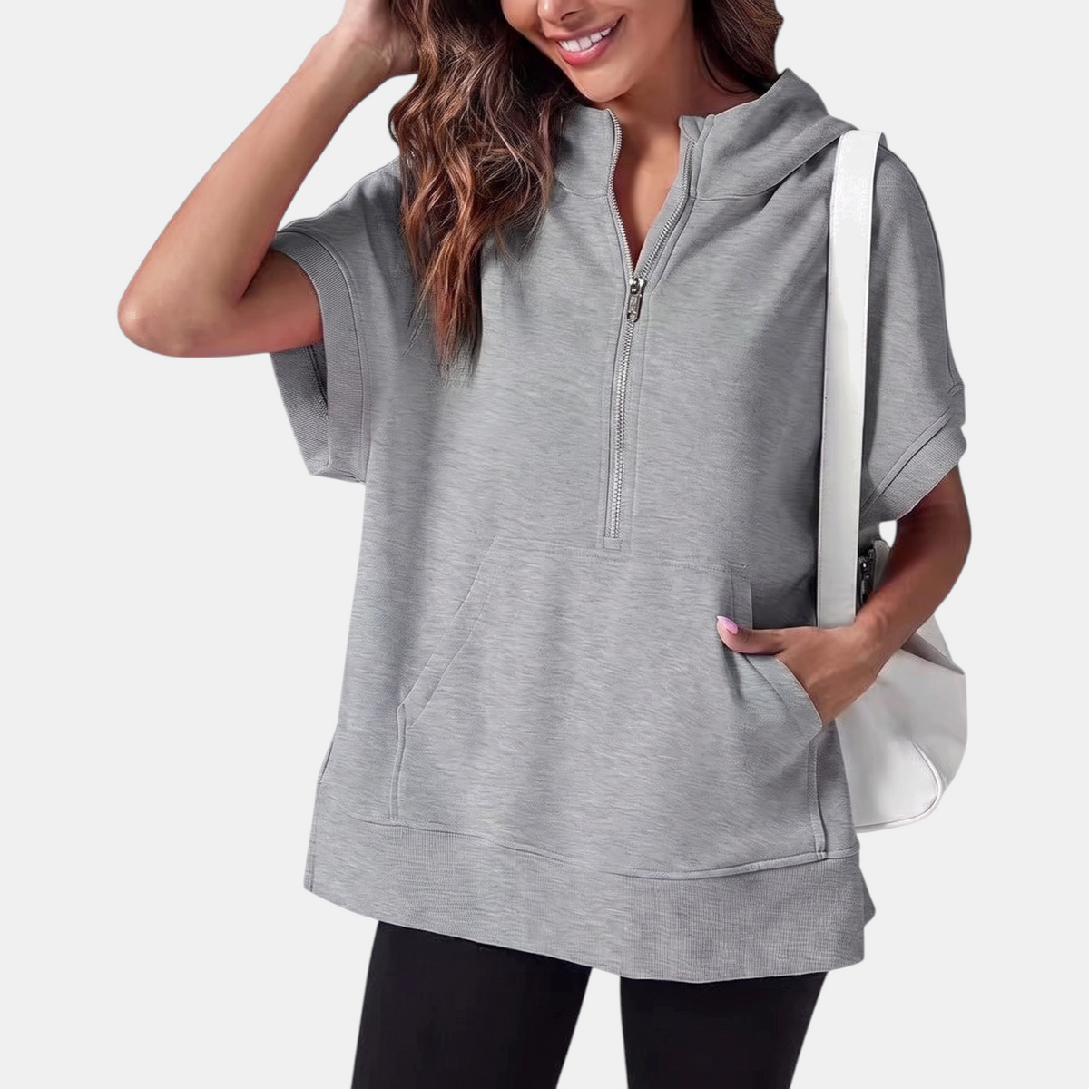 Women's Half Zip Hoodie Oversized Short Sleeve Sweatshirt