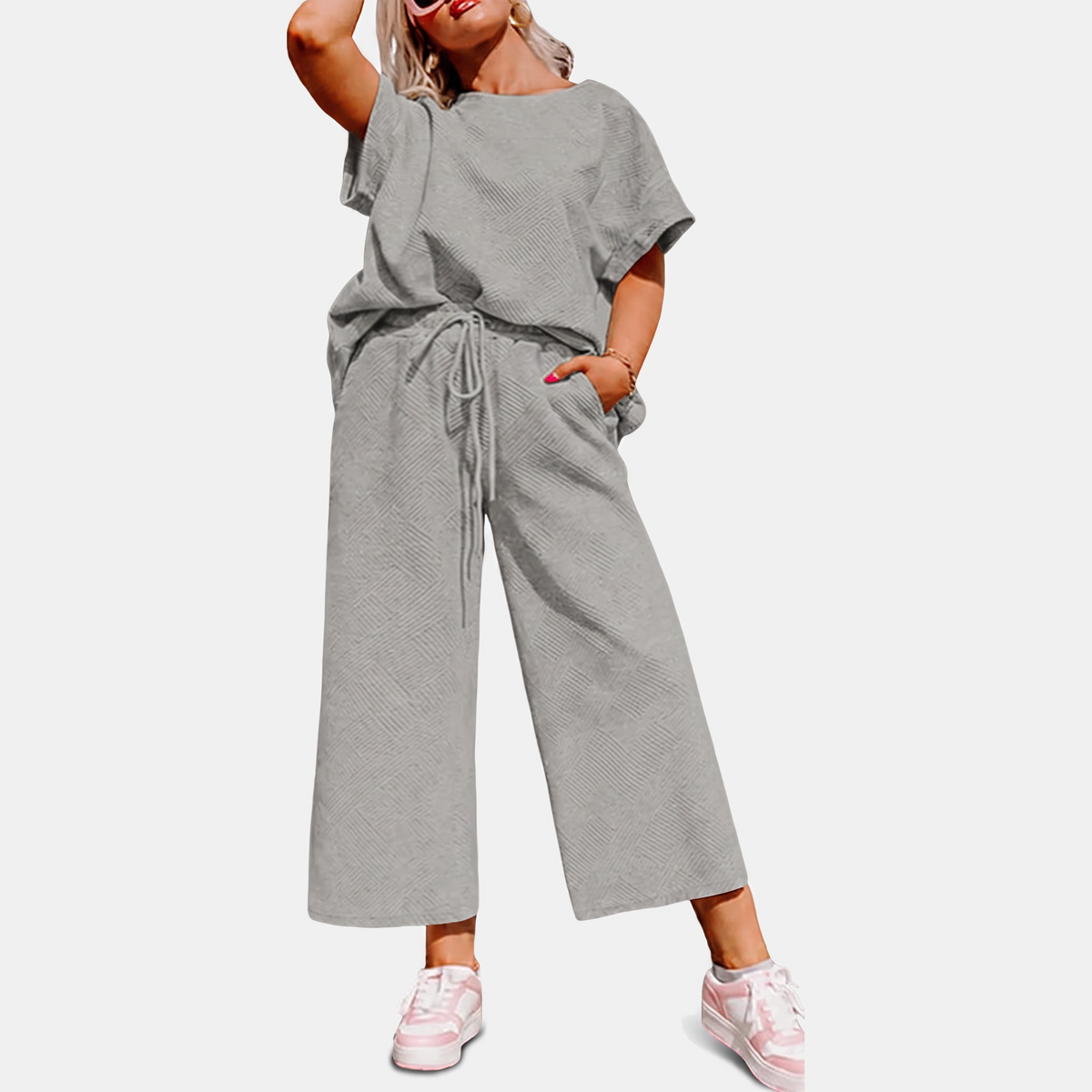 Women's Textured Drawstring Wide Leg Lounge Set