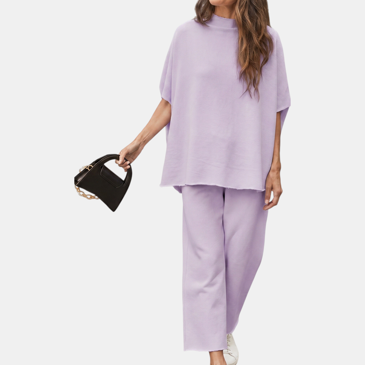 Women's Mock Neck Lounge Set Wide Leg Cropped Pants