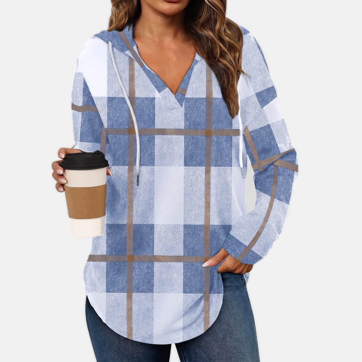 Women's Oversized Plaid Hoodie with V-Neck and Kangaroo Pockets