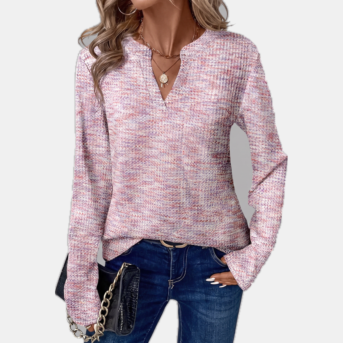 Women's Shimmer Ribbed Knit Notch V-Neck Sweater Top