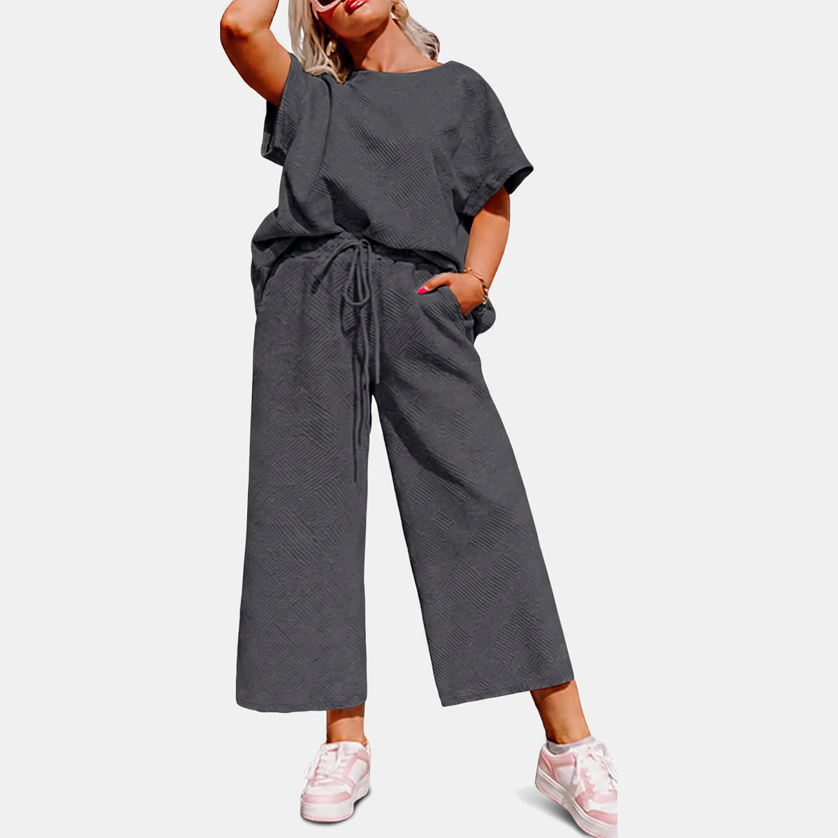 Women's Textured Drawstring Wide Leg Lounge Set