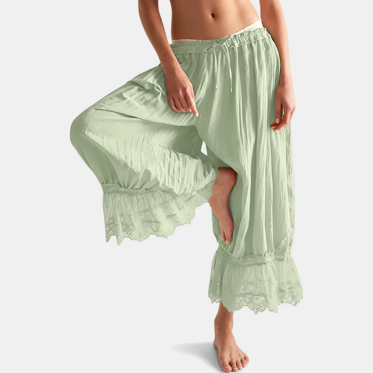 Women's Wide Leg Lace Trim Ruffle Hem Palazzo Pants