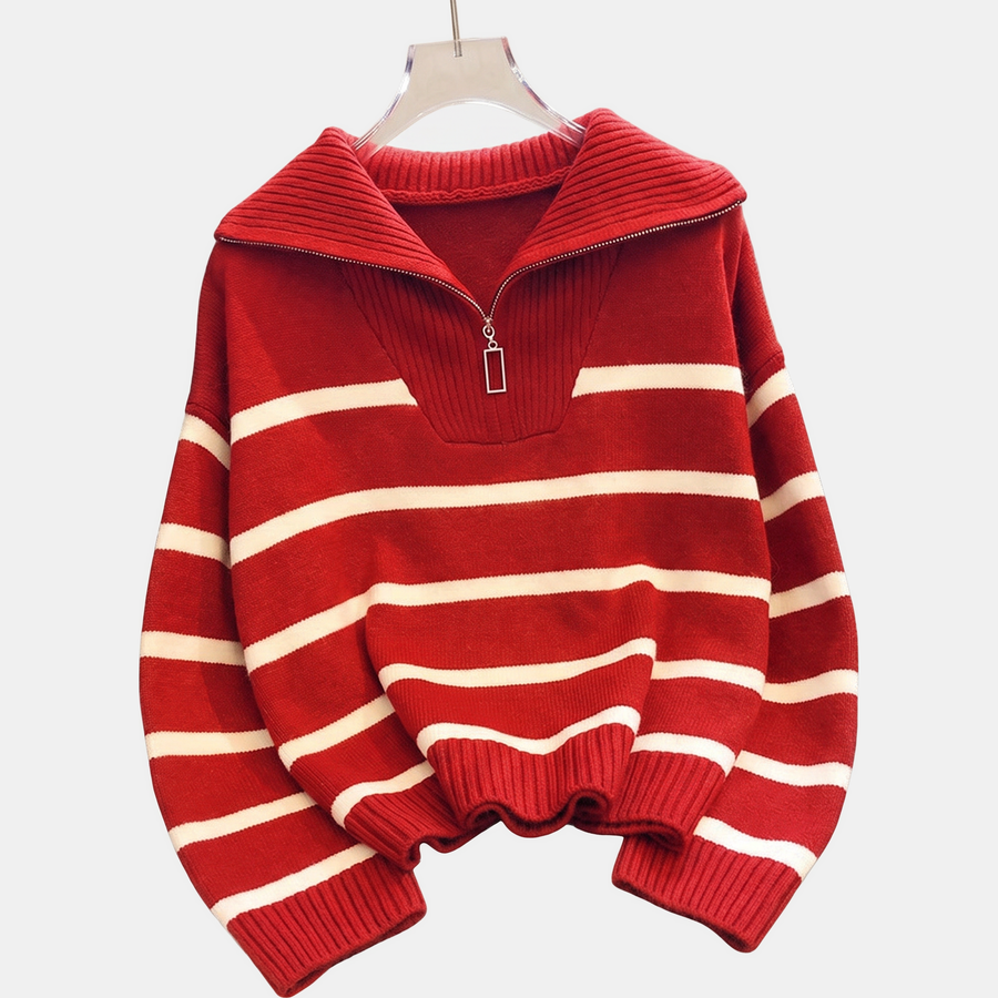 Women's Quarter Zip Oversized Striped Knit Sweater