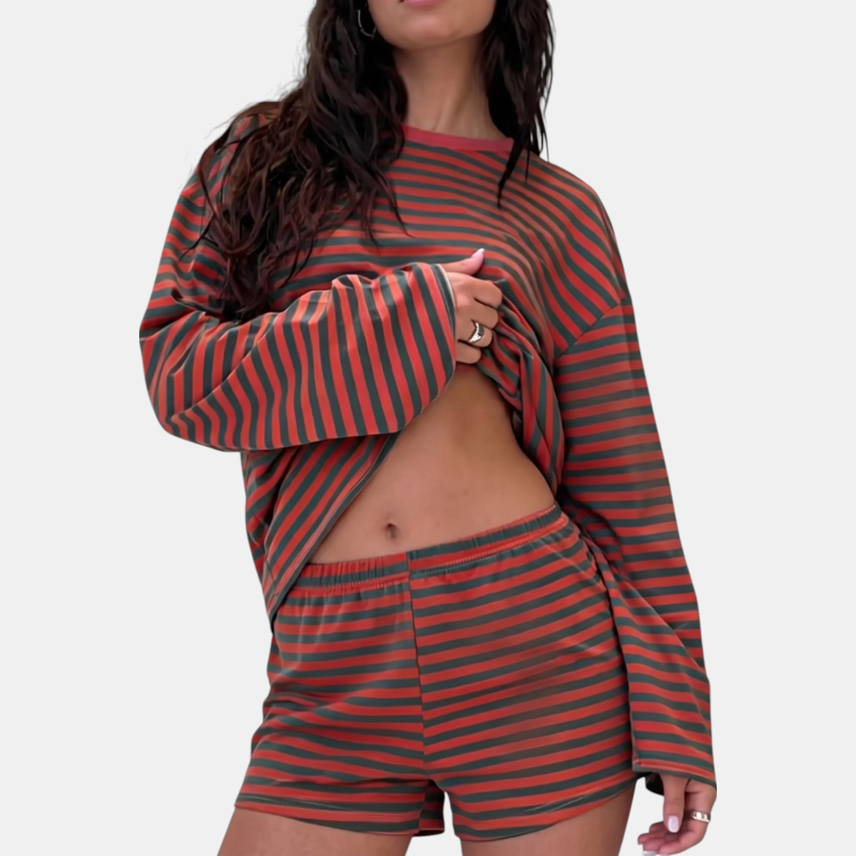 Women's Striped Lounge Set Oversized Sleeve Top and Mini Shorts