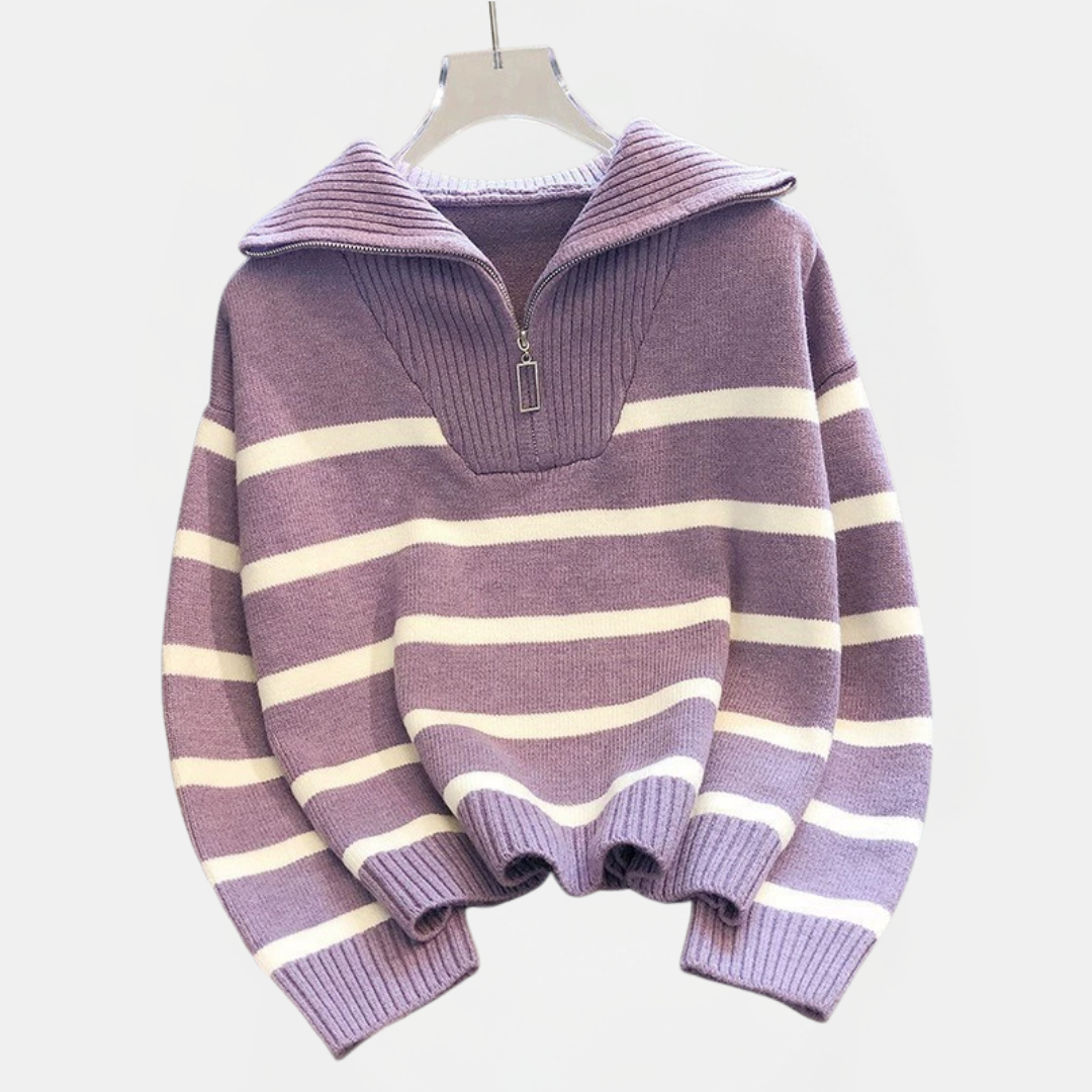 Women's Quarter Zip Oversized Striped Knit Sweater