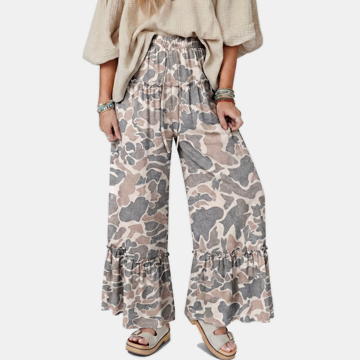 Women's Ruffle Hem Wide Leg Camo Pants