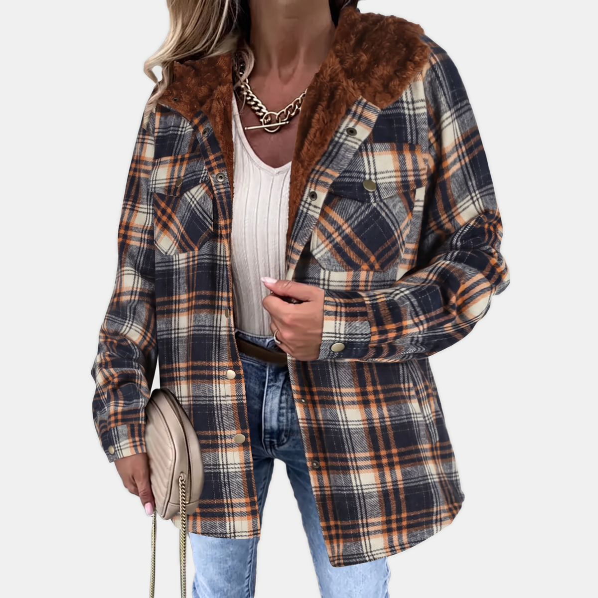 Women's Faux Fur Hooded Flannel Snap Button Shacket