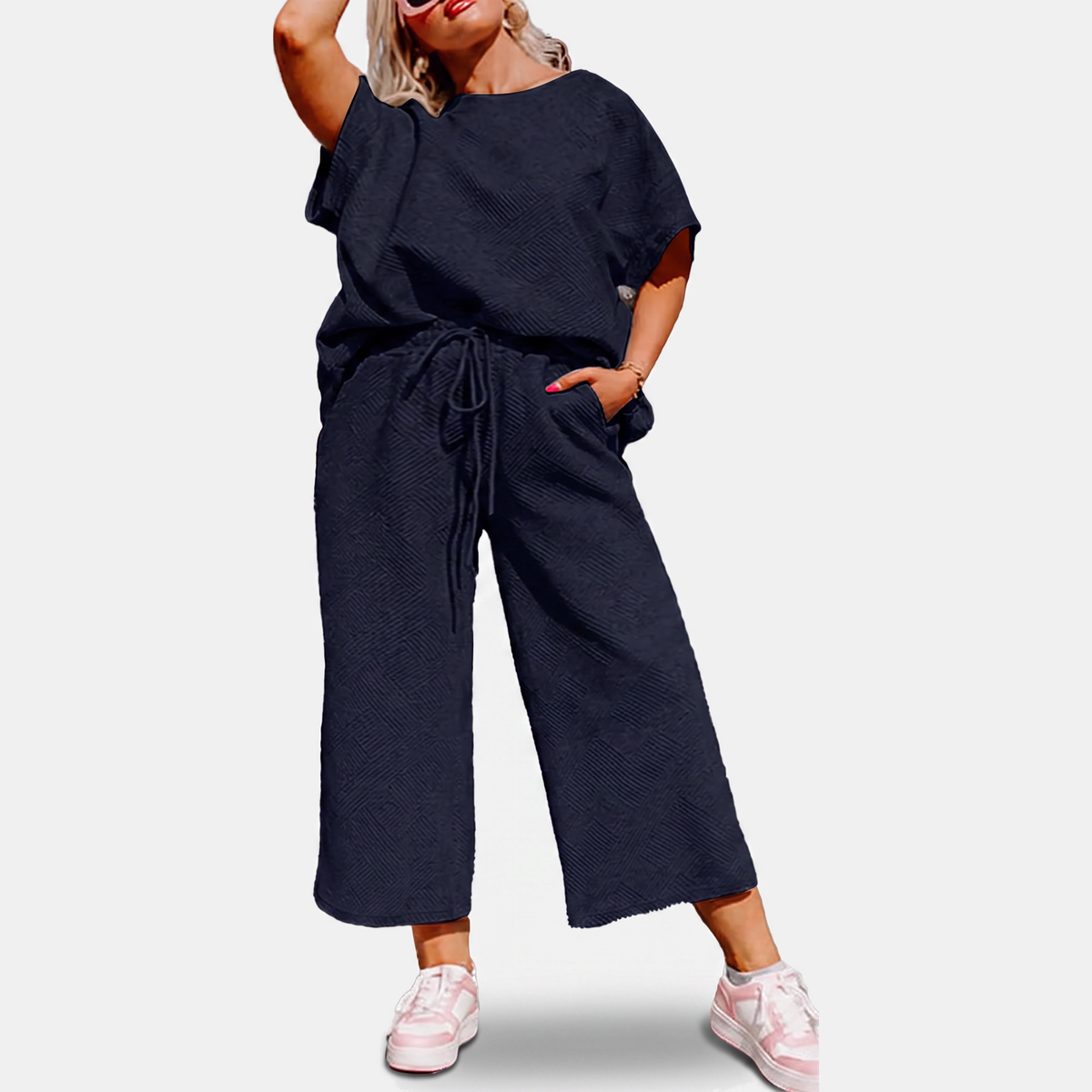 Women's Textured Drawstring Wide Leg Lounge Set