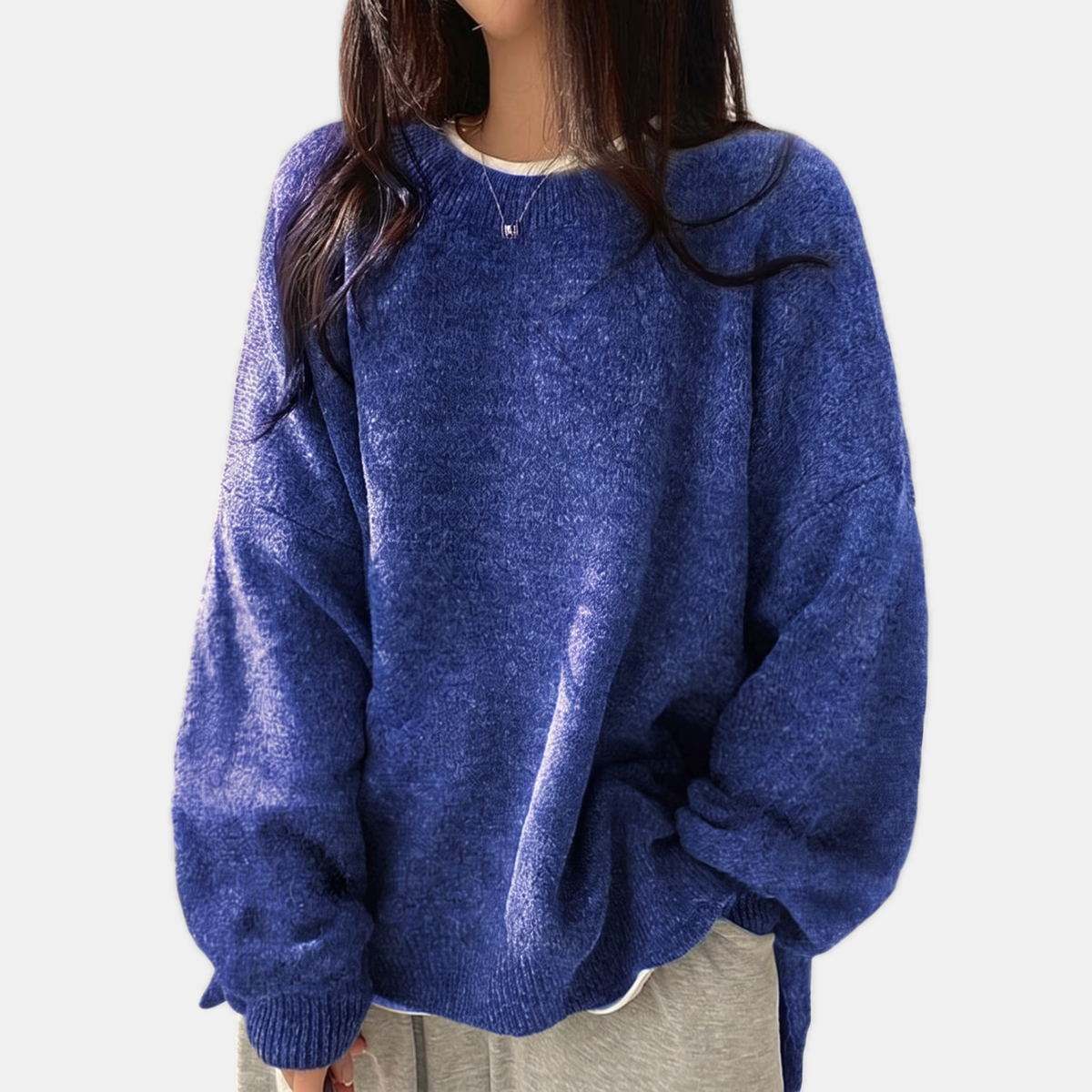 Women's Oversized Side Slit Ribbed Crew Neck Knit Sweater