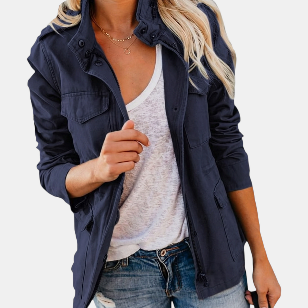 Women's Utility Field Jacket Snap Button Placket Drawstring Waist