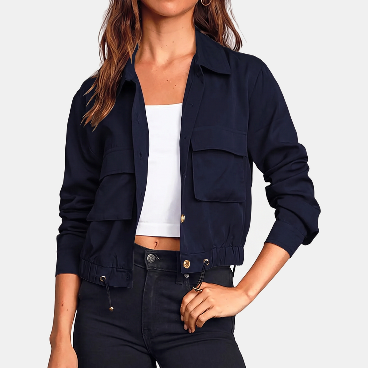 Women's Cropped Utility Windbreaker Jacket with Drawstring Hem