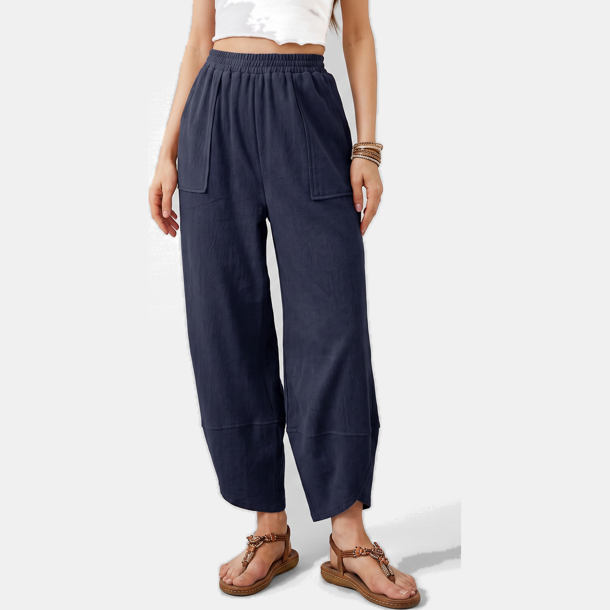 Women's Wide Leg Ribbed Knit Cropped Trousers with Patch Pockets