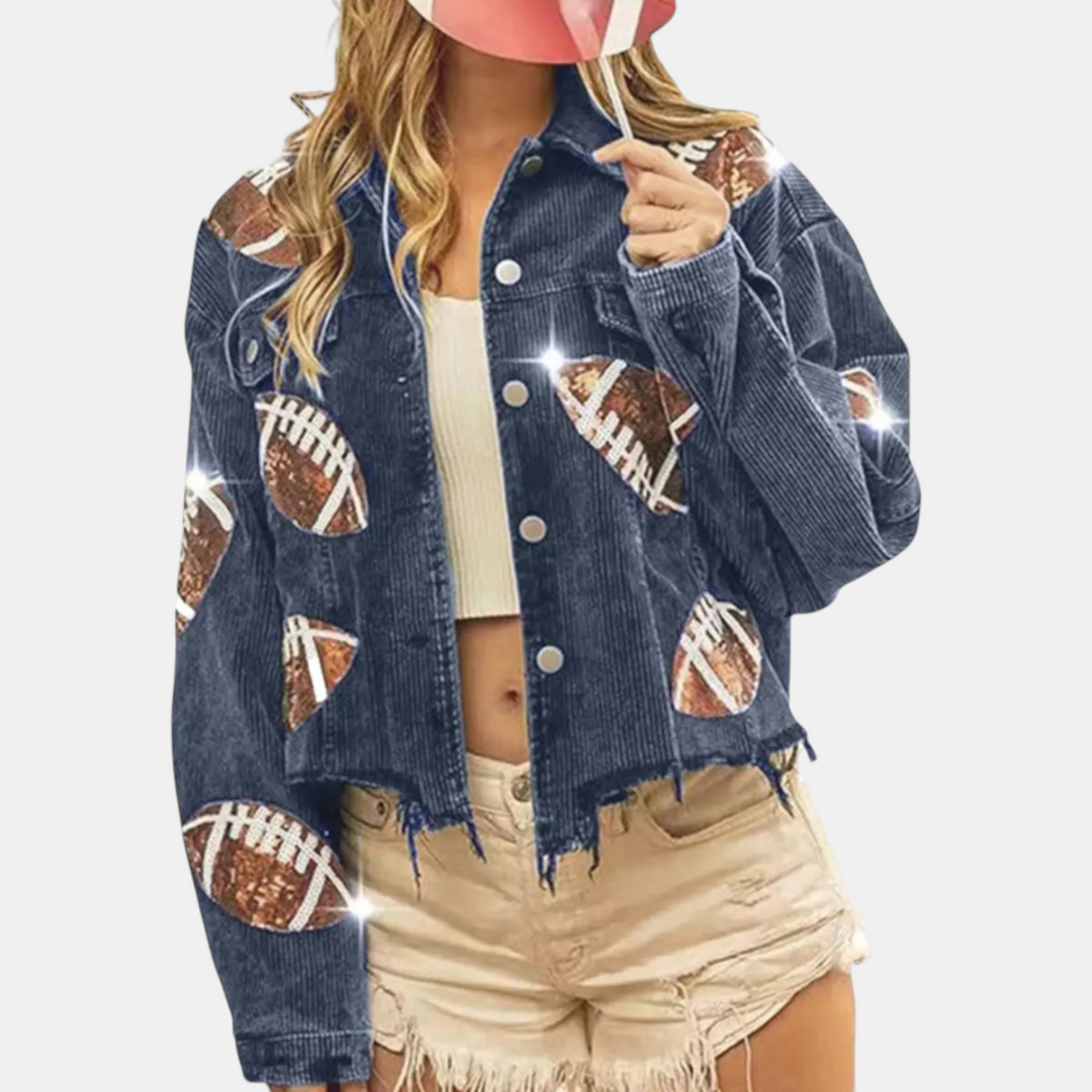 Women's Sequin Football Patch Cropped Corduroy Jacket