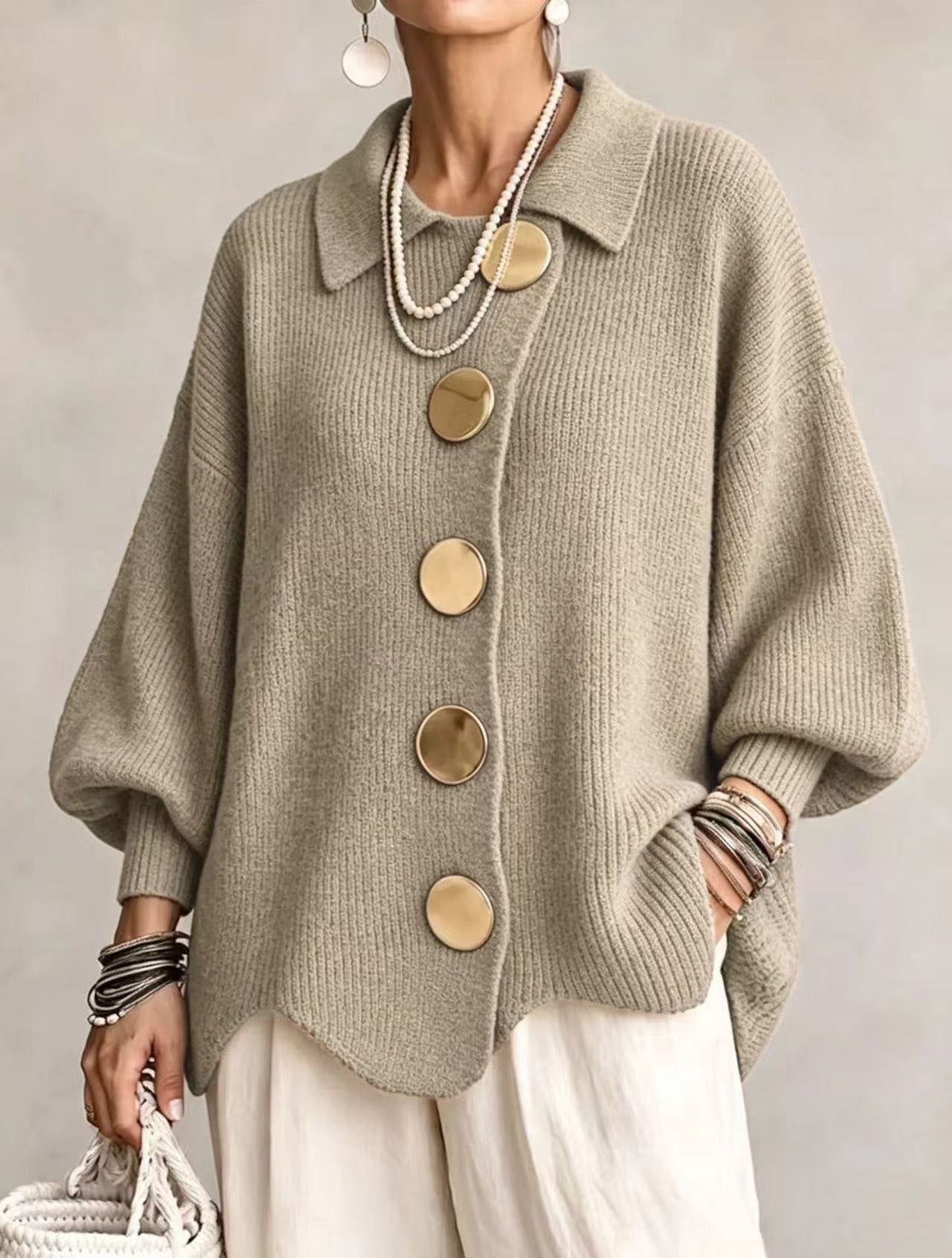 Isadora Oversized Collared Cardigan - Khaki