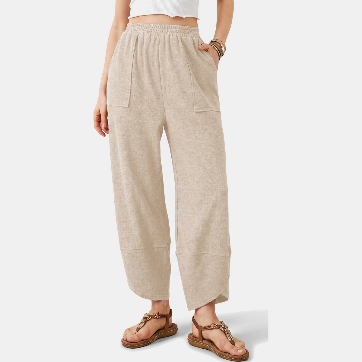 Women's Wide Leg Ribbed Knit Cropped Trousers with Patch Pockets