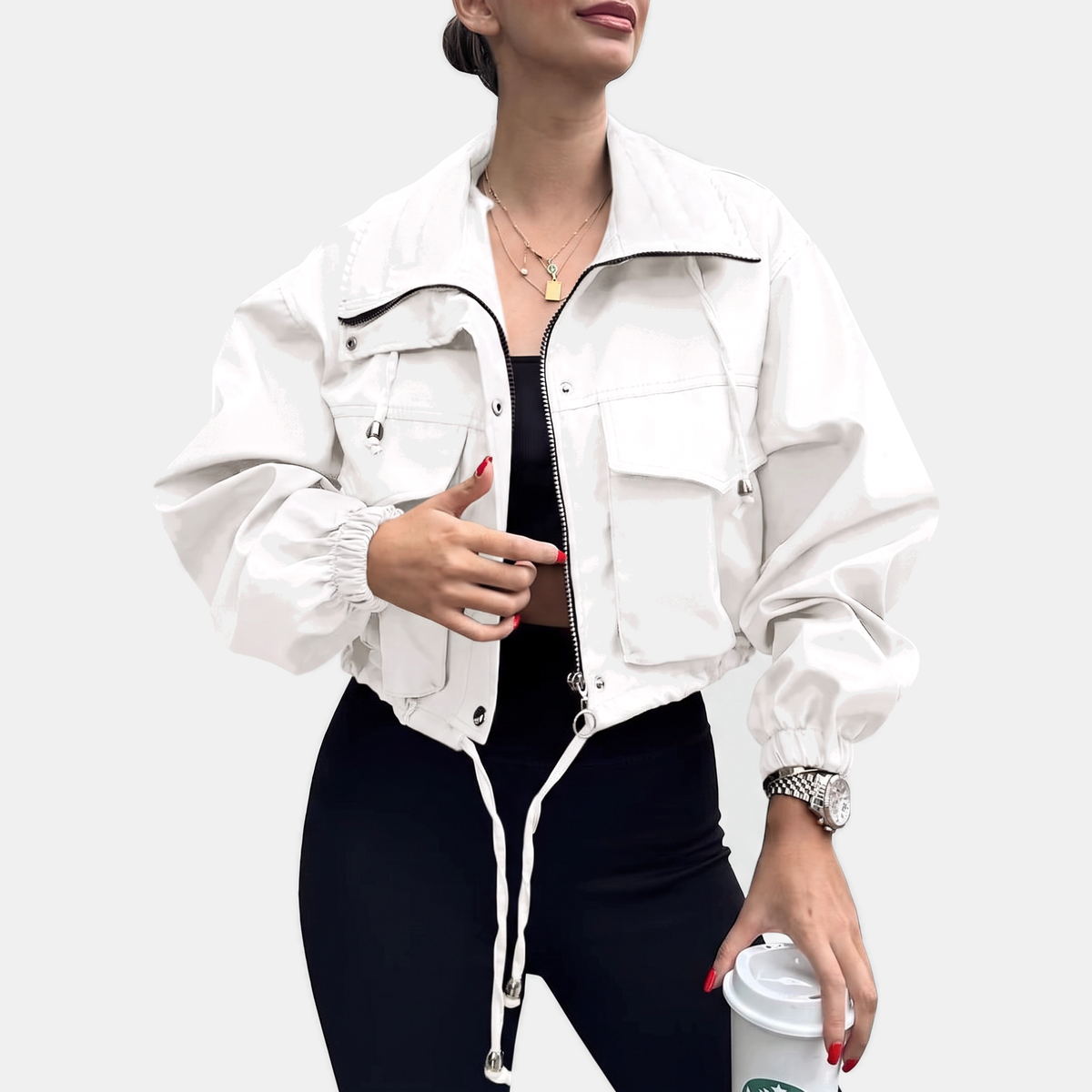 Women's Cropped Zip Up Windbreaker Cargo Jacket