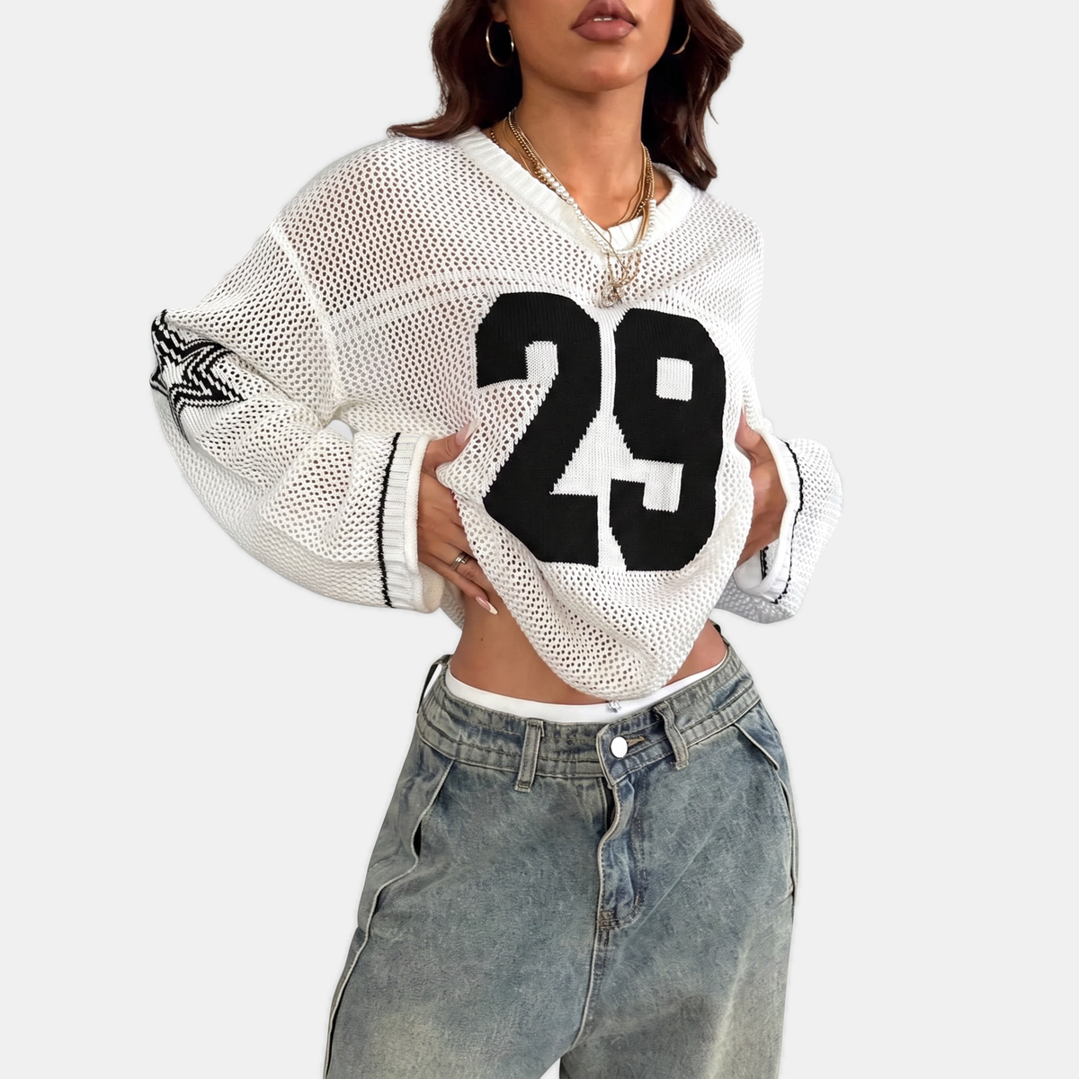 Women's Oversized Open Knit Number Graphic Crop Sweater