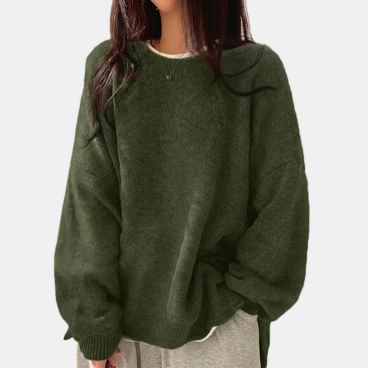 Women's Oversized Side Slit Ribbed Crew Neck Knit Sweater