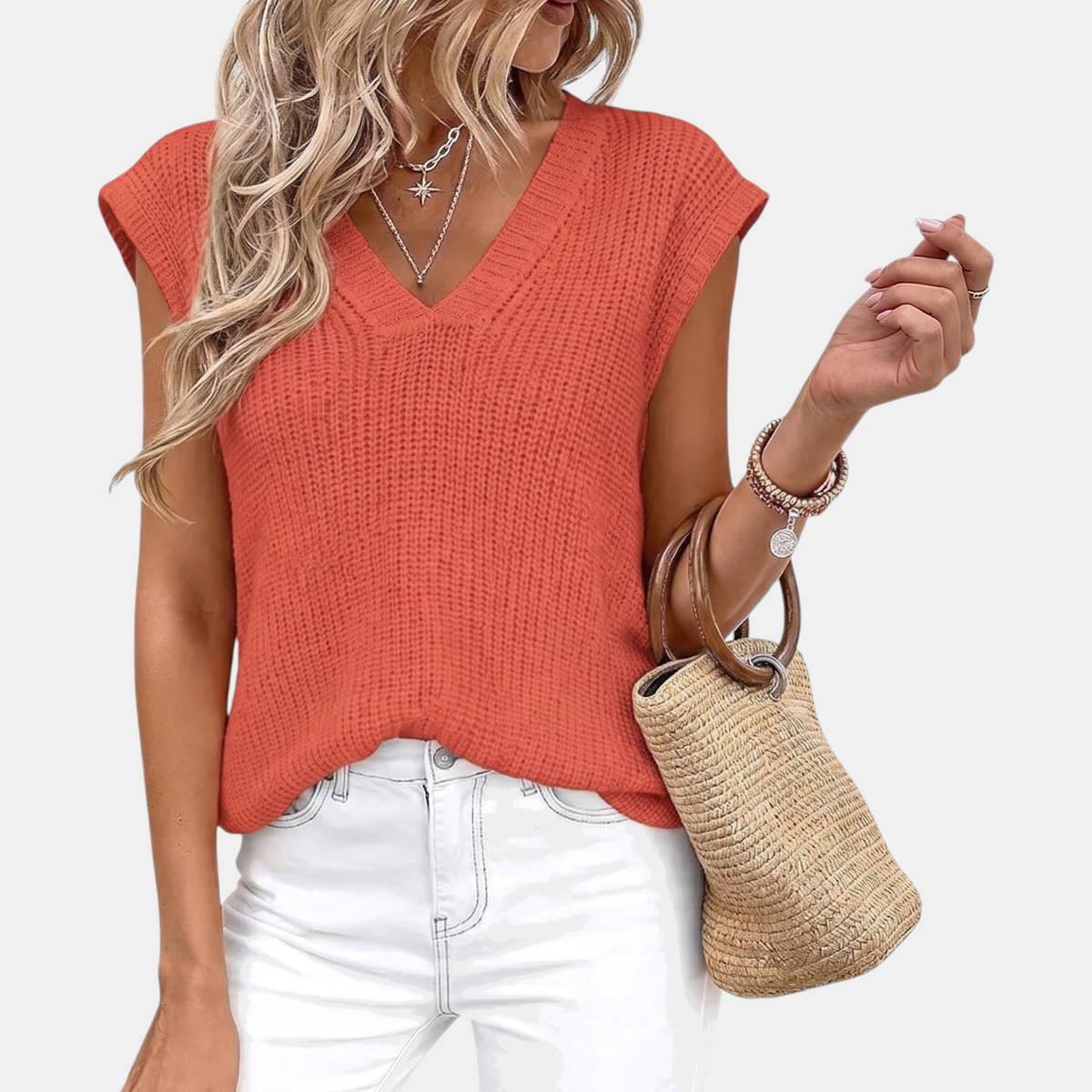 Women's Sweater Vest Chunky Ribbed Knit V-Neck Sleeveless Top