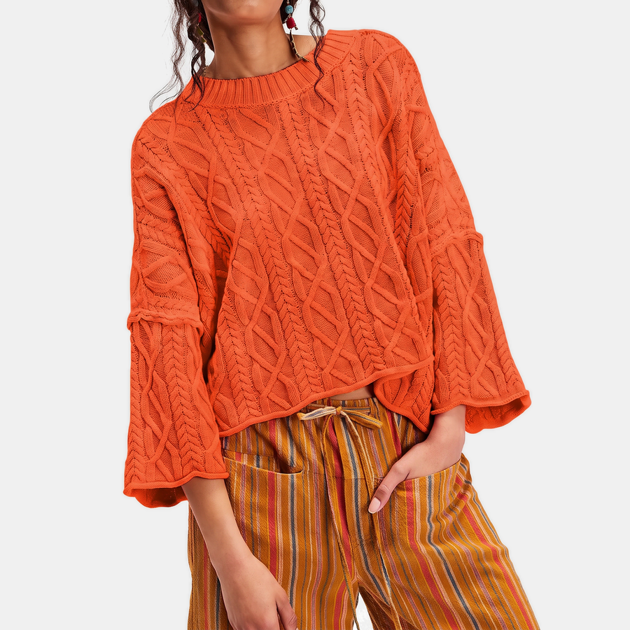 Women's Cable Knit Cropped Sweater Bell Sleeve Pullover
