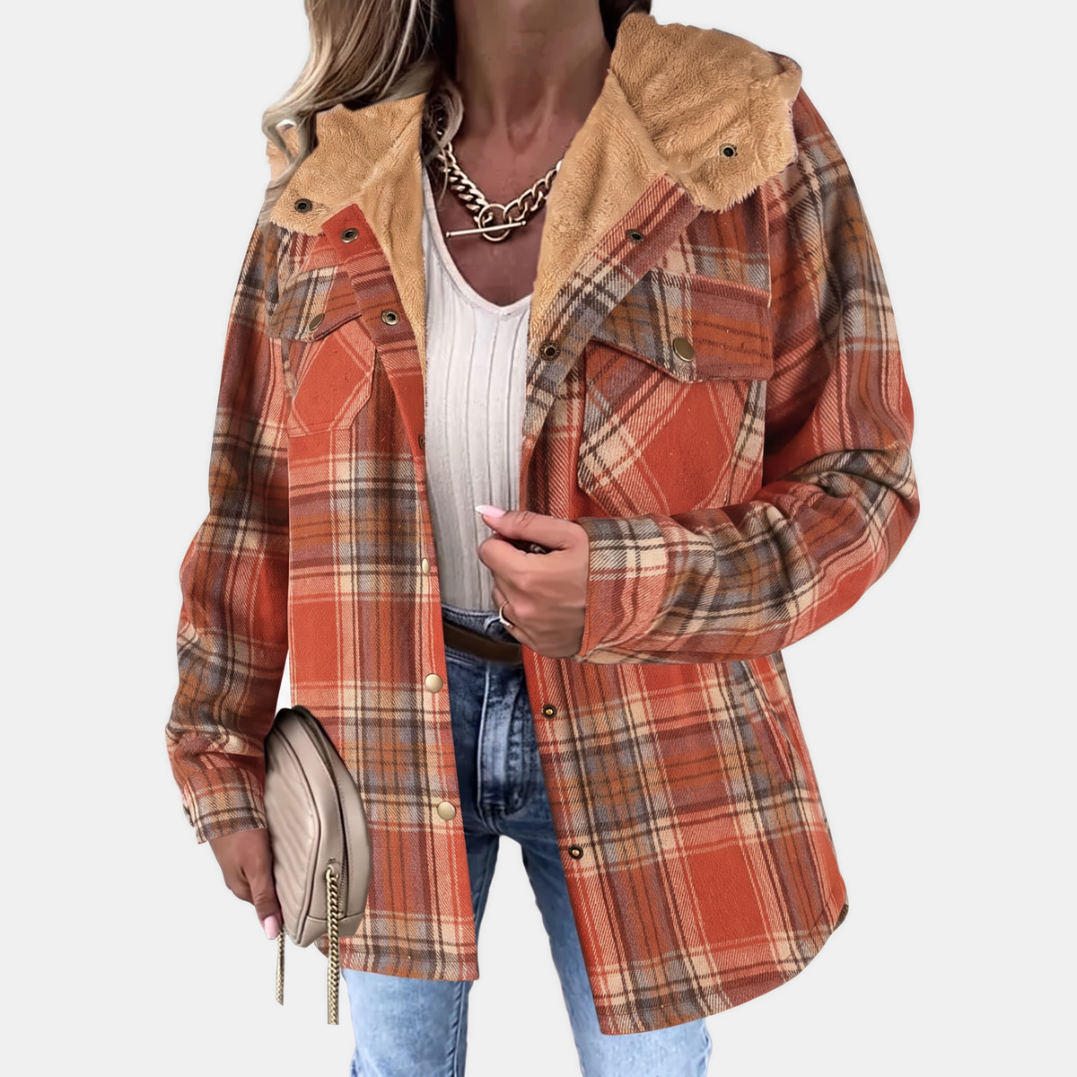Women's Faux Fur Hooded Flannel Snap Button Shacket