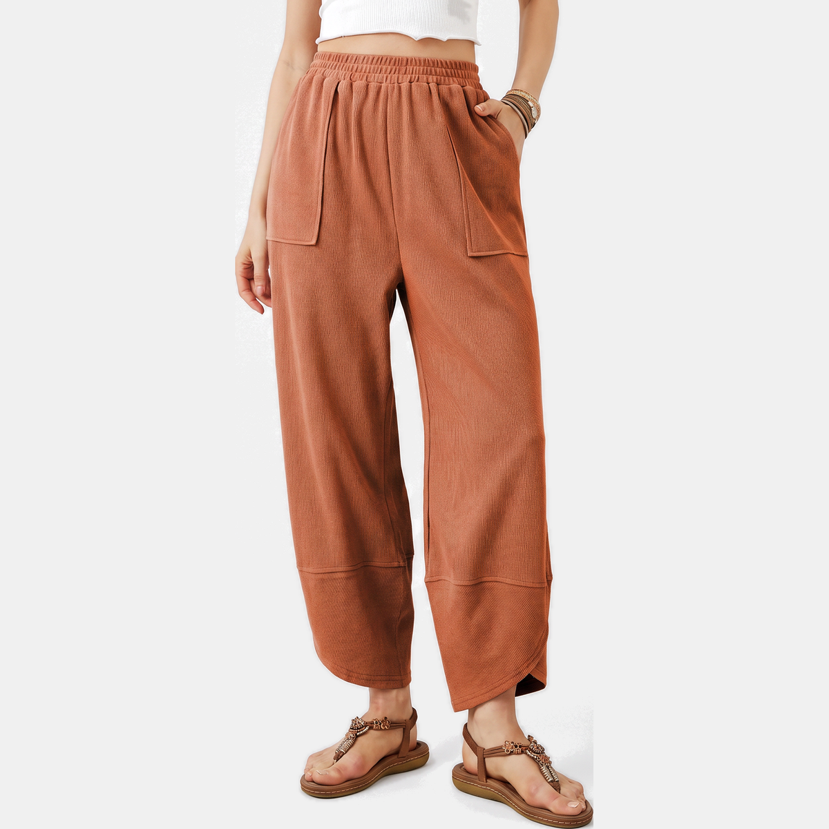 Women's Wide Leg Ribbed Knit Cropped Trousers with Patch Pockets