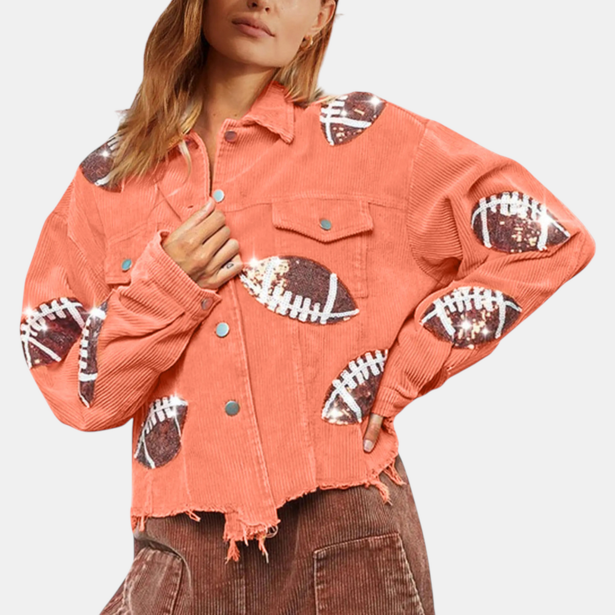 Women's Sequin Football Patch Cropped Corduroy Jacket