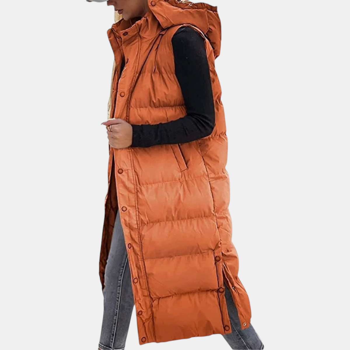 Laura - Women's Puffer Vest Quilted Hooded Maxi Length Button Down