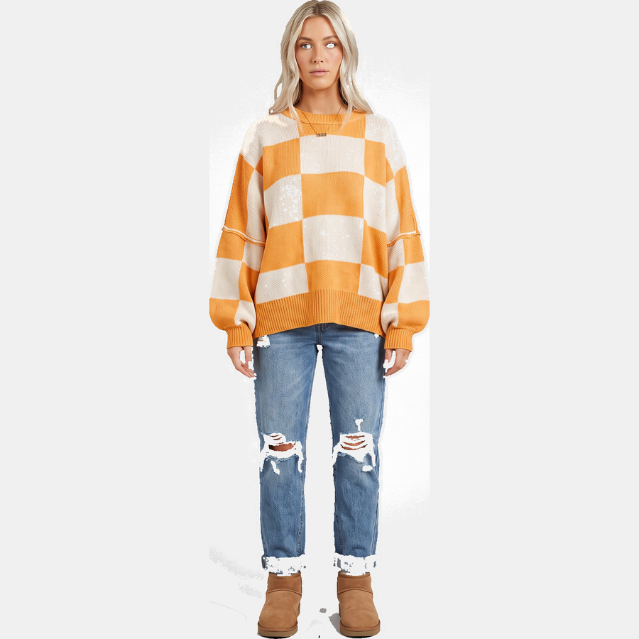 Women's Oversized Balloon Sleeve Checkered Knit Sweater