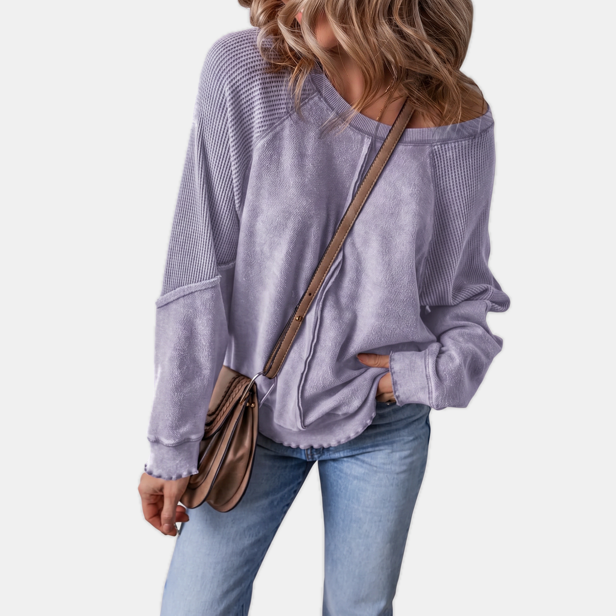 Women's Oversized Waffle Knit Sweater with Lettuce Hem