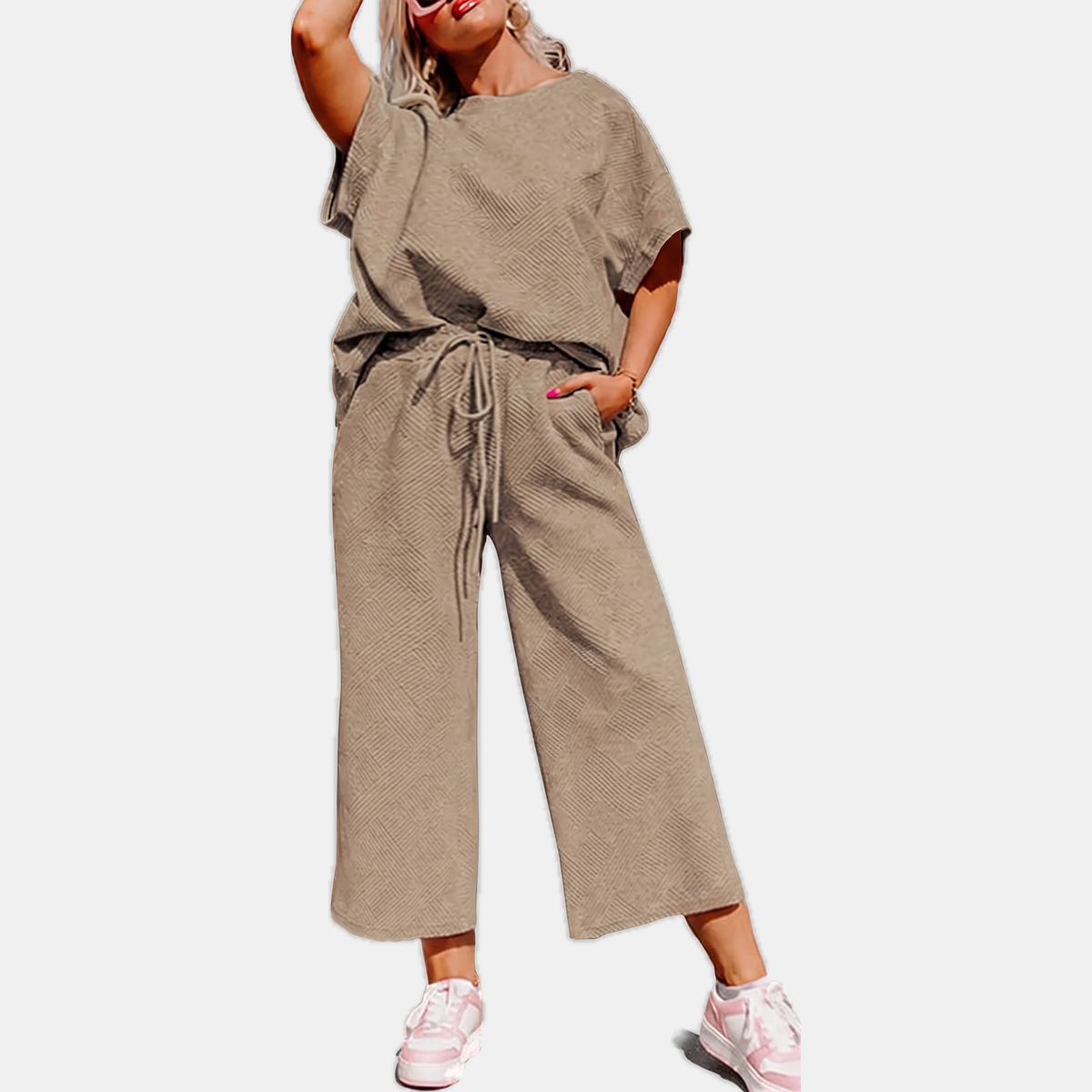 Women's Textured Drawstring Wide Leg Lounge Set