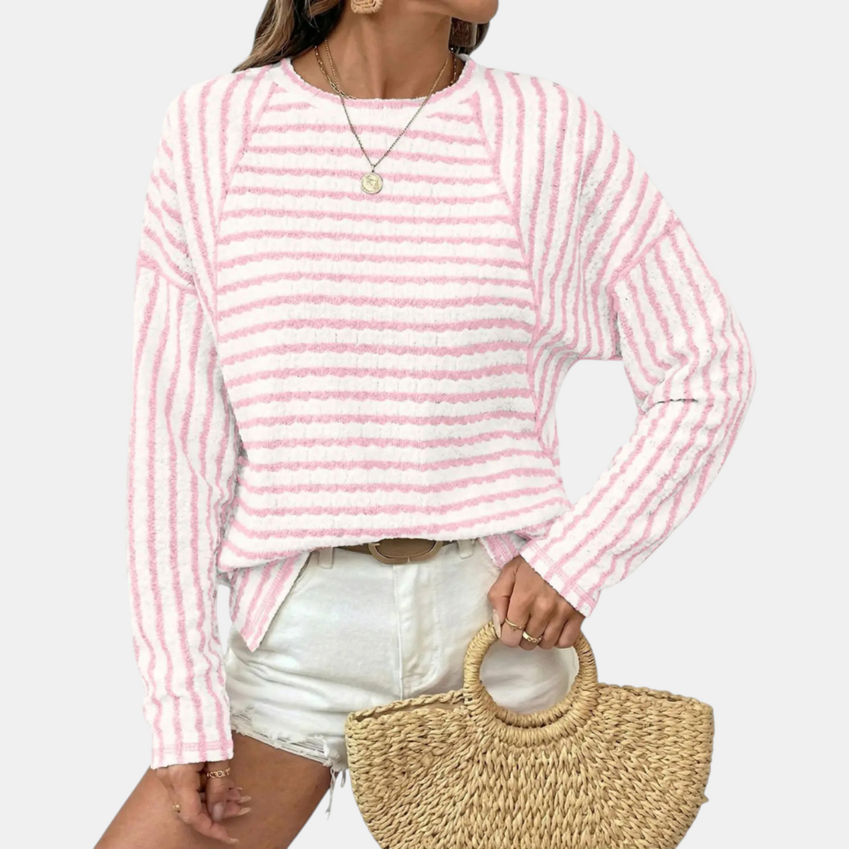 Women's Striped Crewneck Relaxed Raglan Pullover Sweatshirt