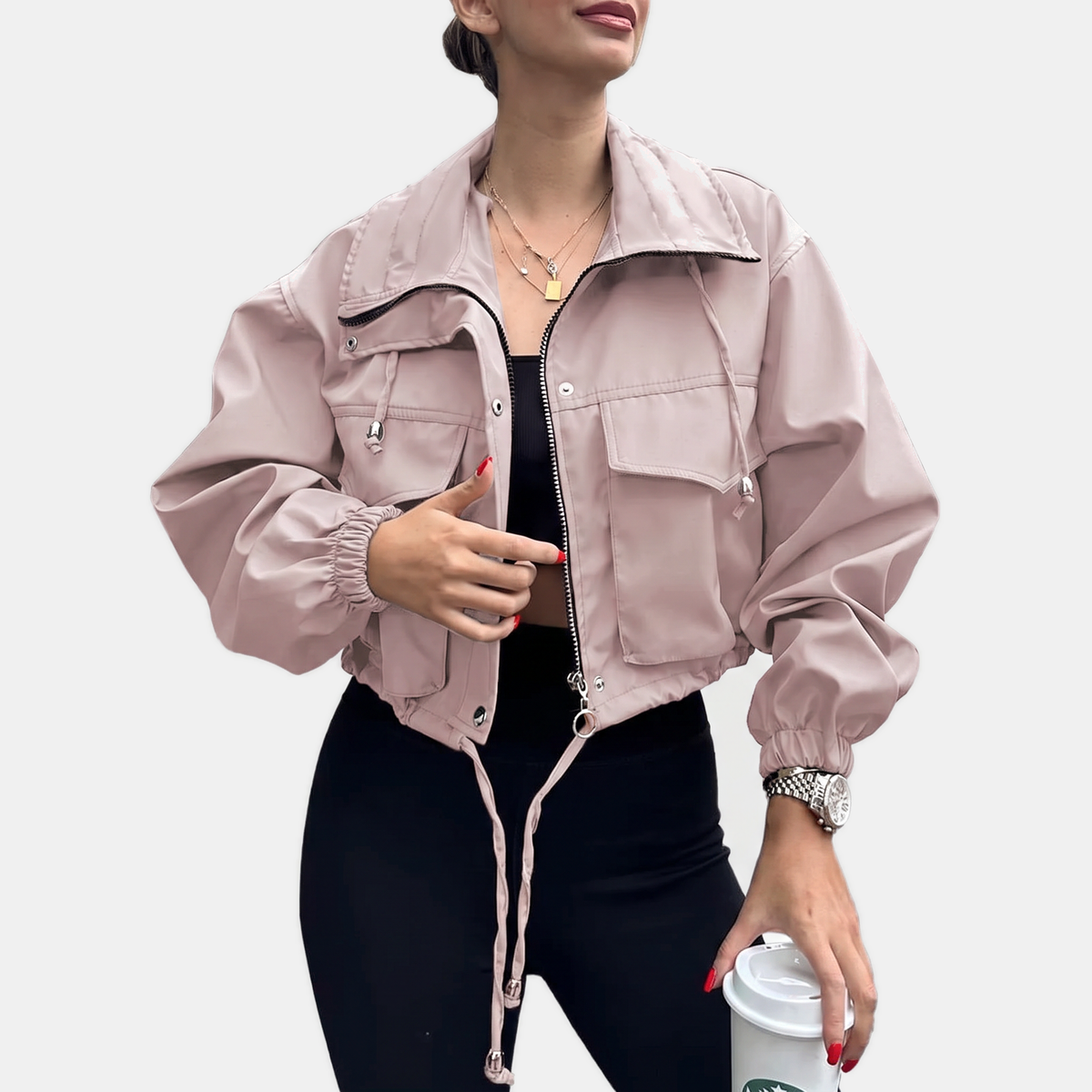 Women's Cropped Zip Up Windbreaker Cargo Jacket