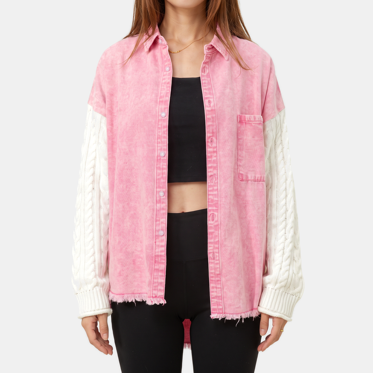 Women's Cable Knit Sleeve Denim Jacket Button Front Shacket