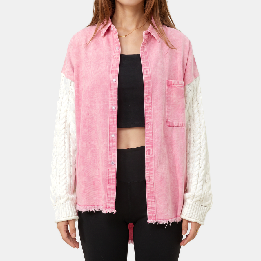 Women's Cable Knit Sleeve Denim Jacket Button Front Shacket
