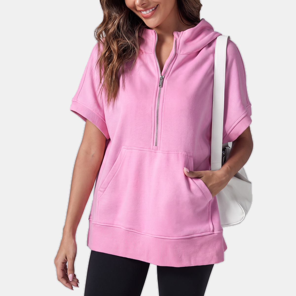 Women's Half Zip Hoodie Oversized Short Sleeve Sweatshirt