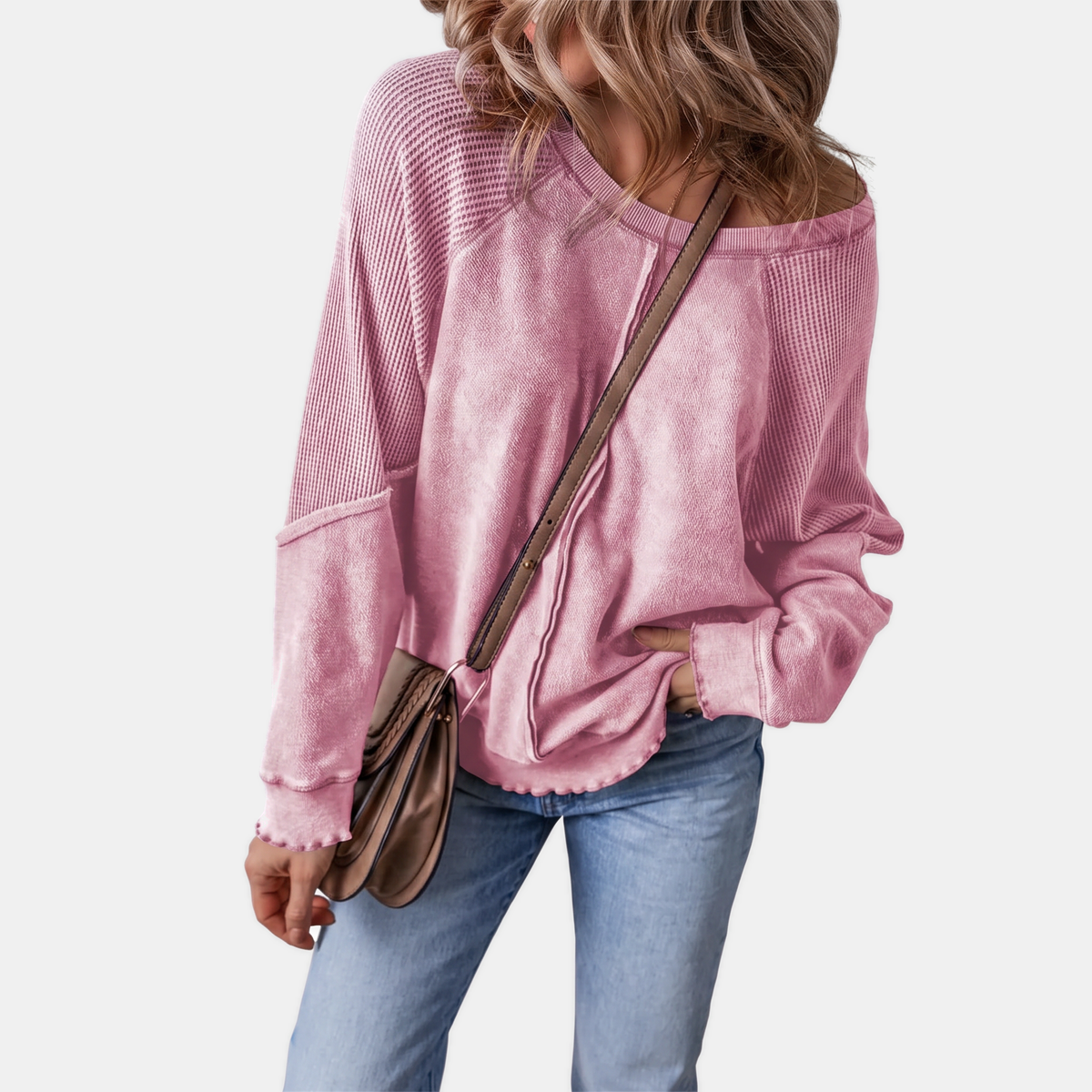 Women's Oversized Waffle Knit Sweater with Lettuce Hem