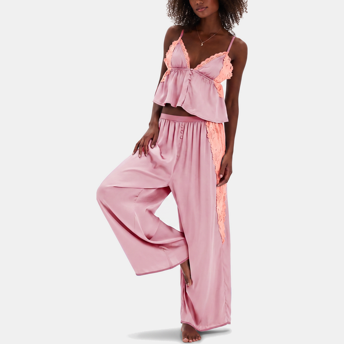Women's Satin Lace Trim Pajama Set Wide Leg Trousers