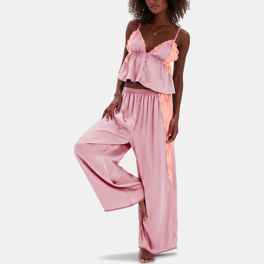 Women's Satin Lace Trim Pajama Set Wide Leg Trousers