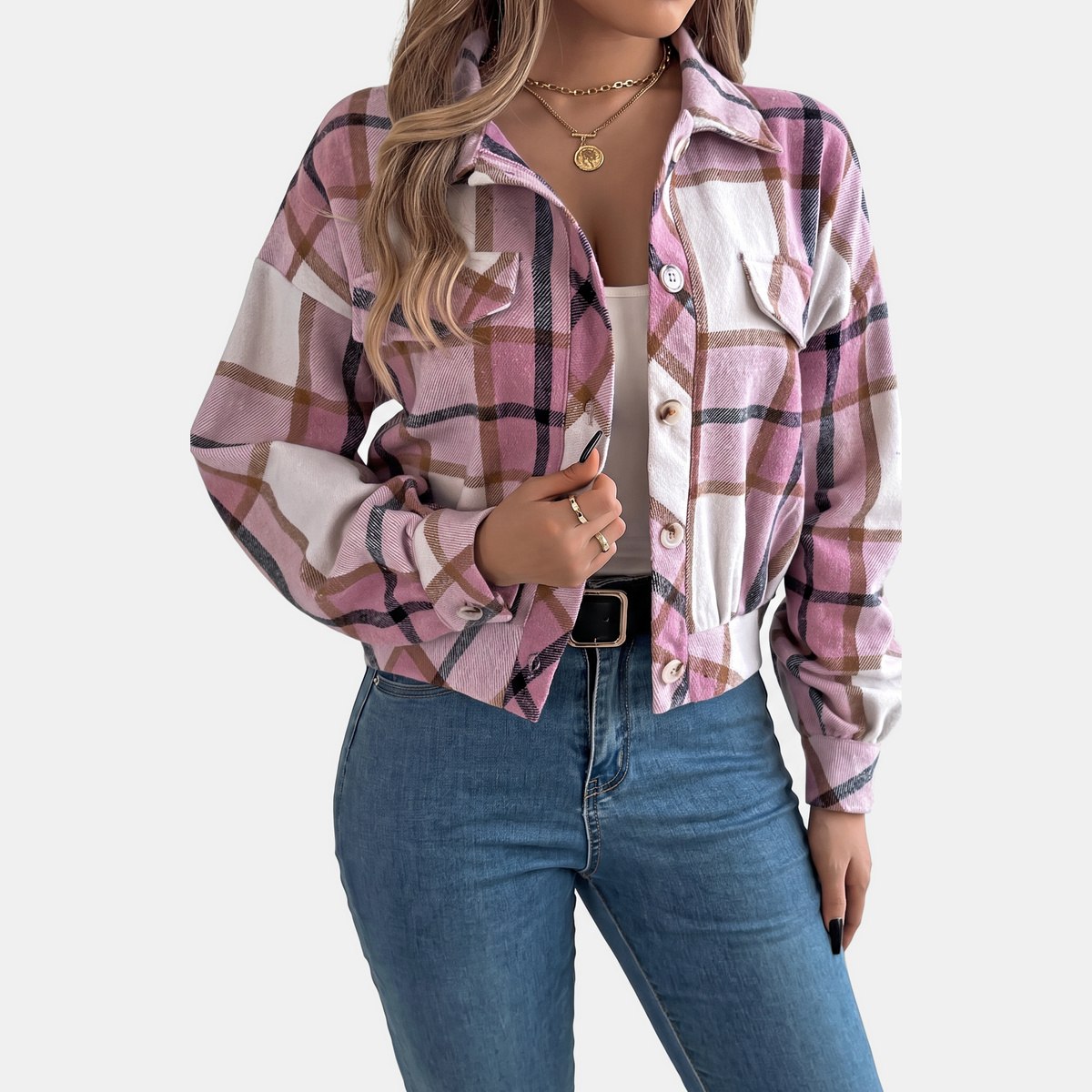 Women's Button Front Cropped Plaid Flannel Shacket