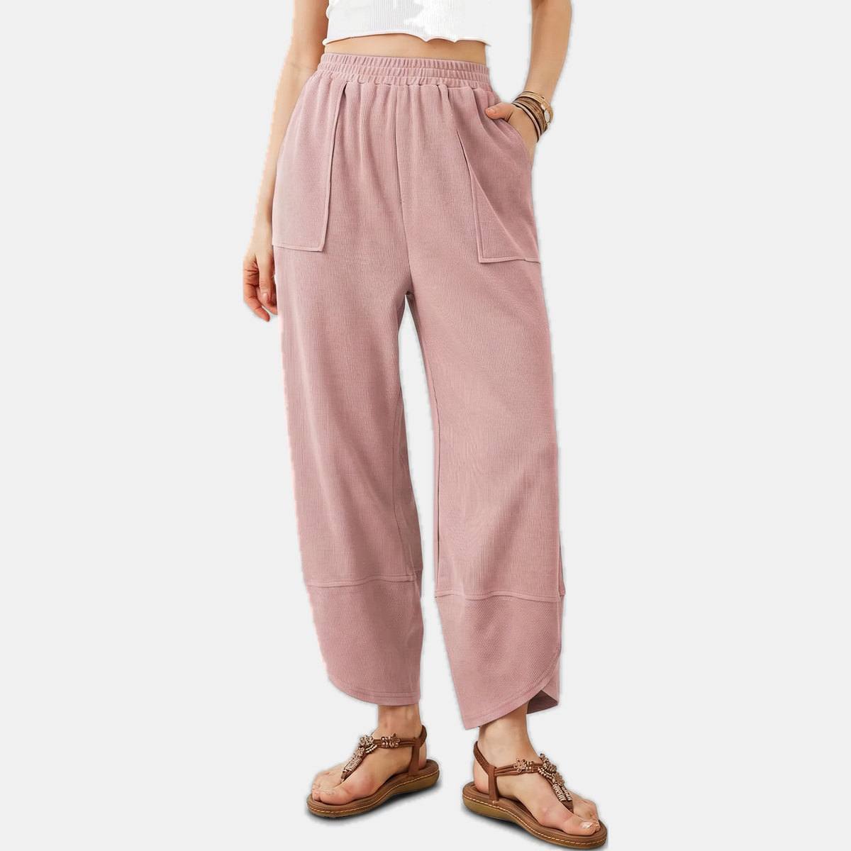 Women's Wide Leg Ribbed Knit Cropped Trousers with Patch Pockets
