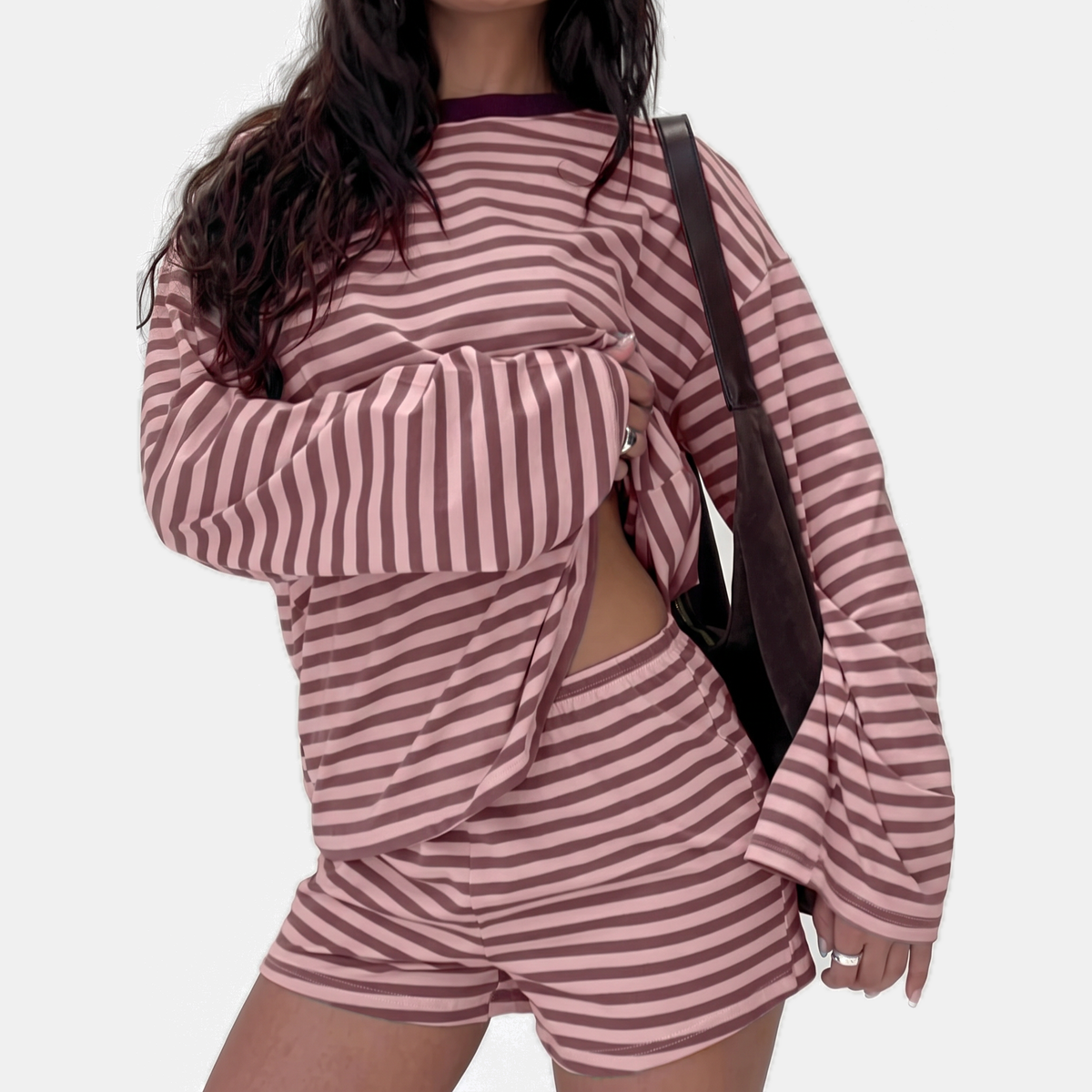 Women's Striped Lounge Set Oversized Sleeve Top and Mini Shorts
