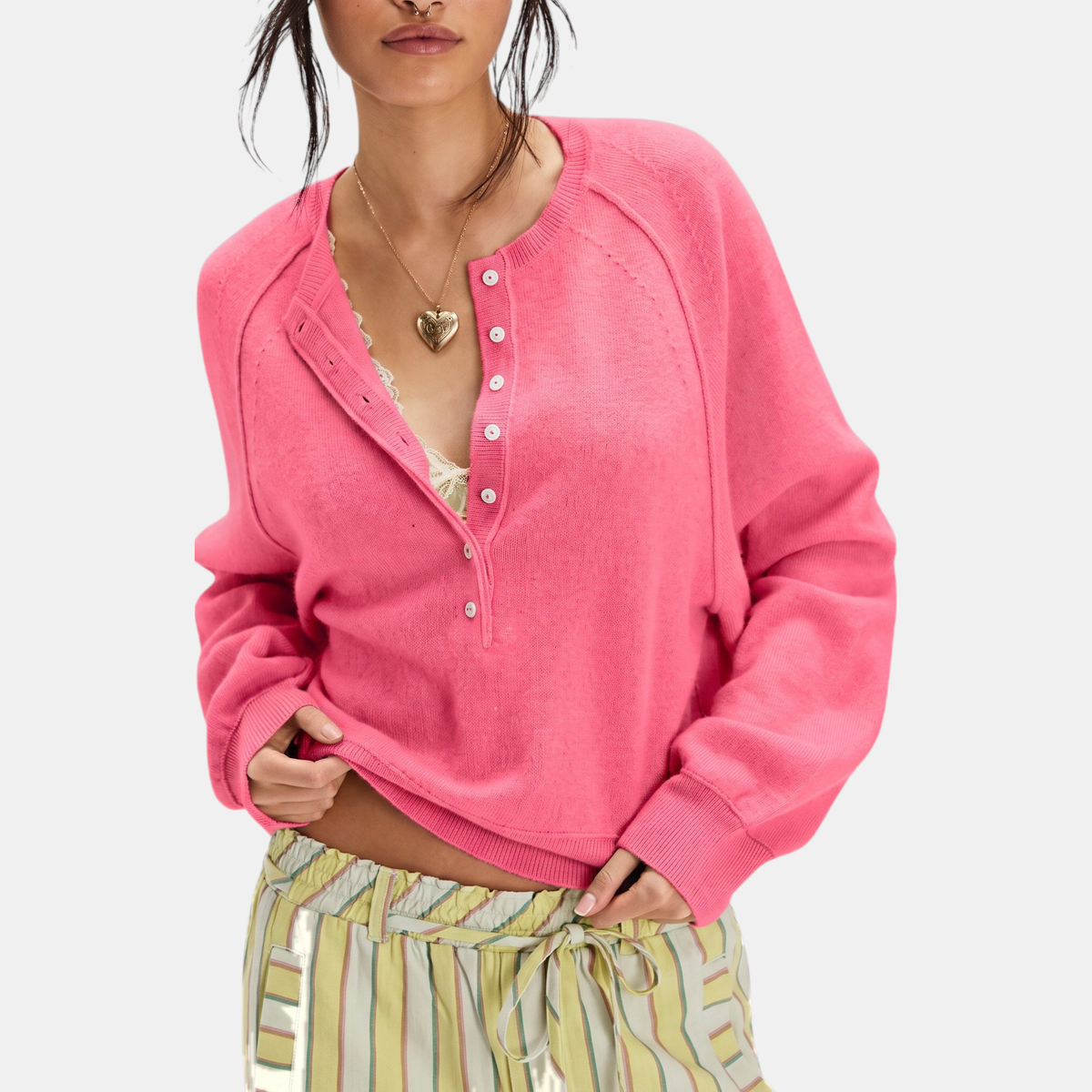 Women's Cropped Henley Button Placket Knit Sweater