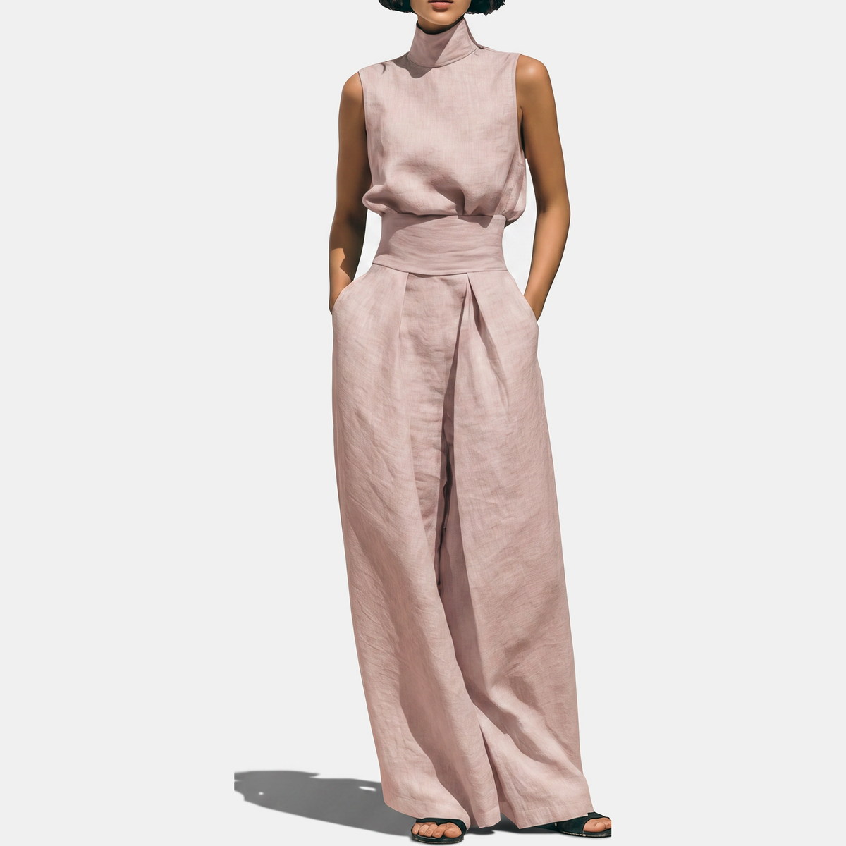 Women's Sleeveless Turtleneck Linen Wide Leg Trouser Co-ord Set