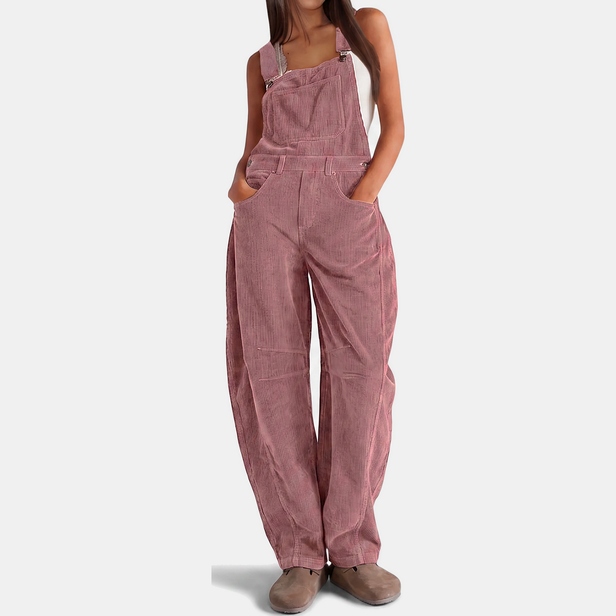 Women's Corduroy Wide Leg Bib Overalls with Buckle Straps